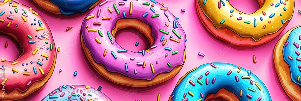 Poster colorful donuts with rainbow frosting and sprinkles create a fun, playful atmosphere in a pop-art st
