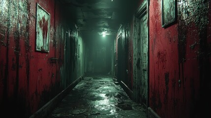 Obraz premium Dark bloody corridor leads to ominous door.