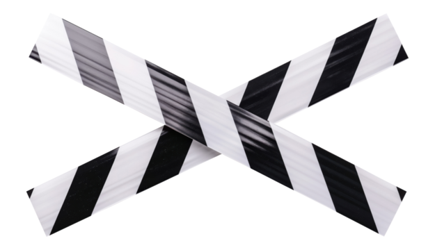 Black and white warning tape cross, isolated on white background