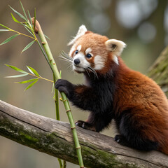 Naklejka premium A curious red panda clings to bamboo on a mossy tree branch, its fluffy rust-colored fur glowing against a soft, forest-blurred background.