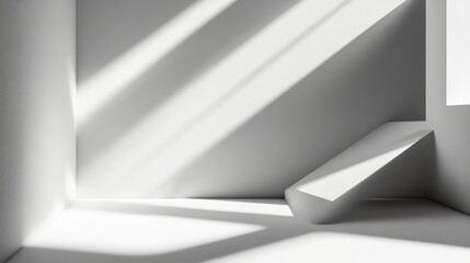 Fototapeta premium Sunlit minimalist white room interior with geometric shapes.
