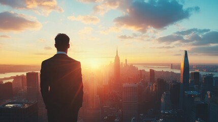 A businessman standing on a rooftop looking over a sprawling city