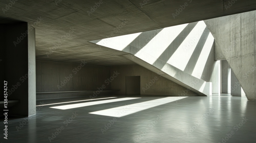 Fototapete sunlit modern concrete interior architecture with angular design and shadows.