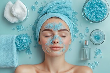 Relaxed Caucasian Woman with Spa Salt on Face and Blue Towel On Head, Closed Eyes