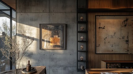 Sunlit modern interior with concrete wall, artwork, wooden accents, and decorative skulls.