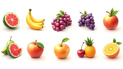 Vibrant Collection of Fresh Fruits with Lush Green Leaves