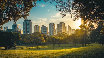 Urban Oasis: City Skyline at Sunset