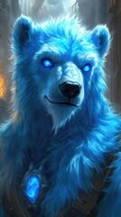 Enigmatic blue bear with glowing eyes, showcasing mystical aura in a fantasy forest setting
