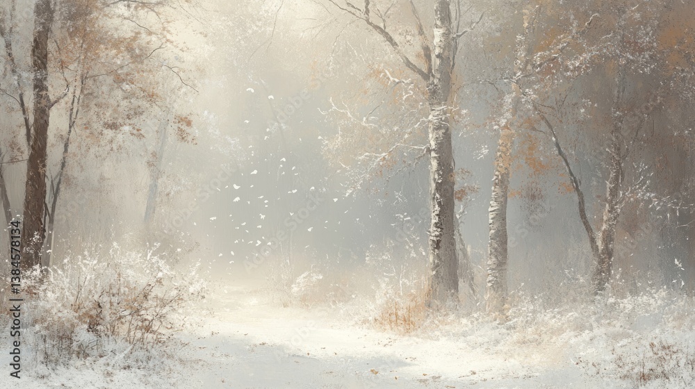 Aufkleber sunlit path through a snow-covered forest with falling snow.