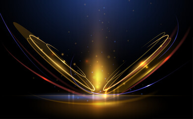Abstract bright gold luxury background. Vector illustration element with gold wave line, glow neon light effect on dark, black color background. Graphic design for poster, technology banner template