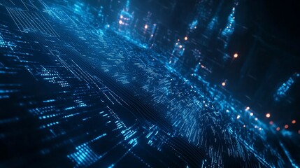 Futuristic digital data stream flowing, city backdrop, tech presentation