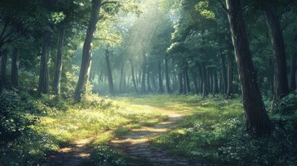 Obraz premium Sunlit path winding through a lush green forest, dappled sunlight filtering through the leaves.