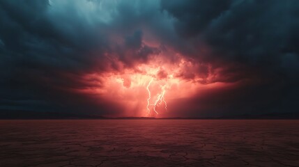 Obraz premium A dramatic storm scene with dark clouds, vibrant lightning, and a cracked landscape illuminated by a fiery glow.