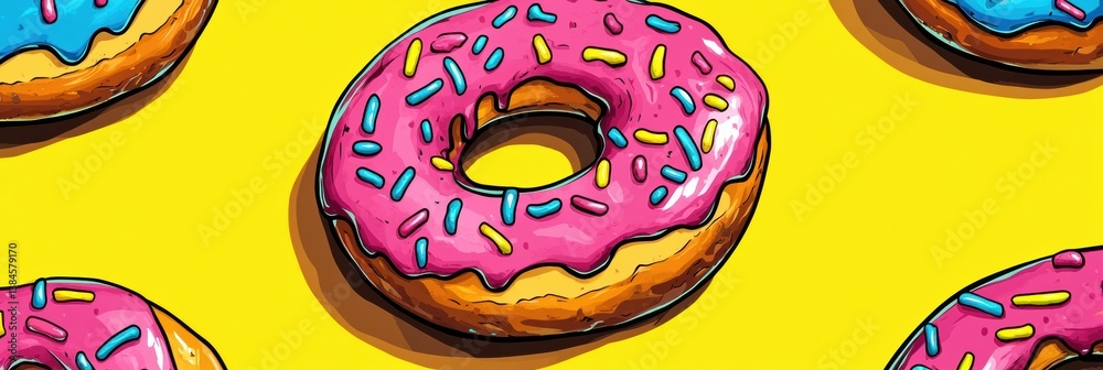Aufkleber bright and playful cartoon donuts with rainbow frosting and colorful sprinkles in a fun pop-art styl
