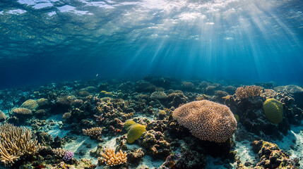 Fototapeta premium Sunlight streaming through the ocean water illuminating a vibrant coral reef ecosystem underwater view