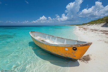 Naklejka premium Weathered boat rests on crystal clear beach.