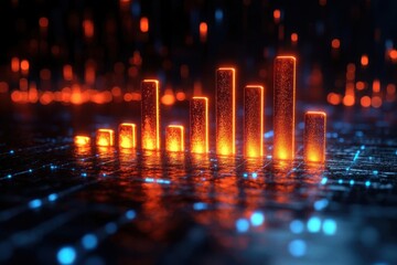Glowing 3D bar chart with data growth, and digital tech.