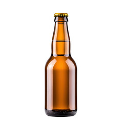 An amber bottle of beer isolated on a white background isolated against a transparent background.