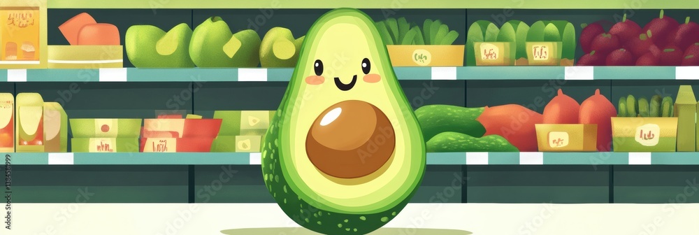 Poster playful oversized cartoon avocado with cheerful features in a vibrant grocery store setting