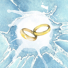 Ice texture with crack, creative background with wedding rings. Ice in watercolor grunge style. Winter background, ice floe, frame, texture for festive design.