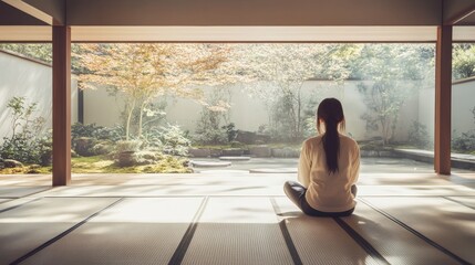 Zen Garden Serenity: Woman Meditating in a Japanese Garden