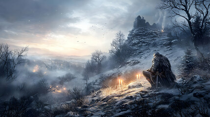 Solitary Figure by Candles in Snowy Mountain Landscape at Dusk