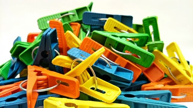 A pile of multi color plastic laundry clips rotating on the white background, clothes pins or clothes pegs for house