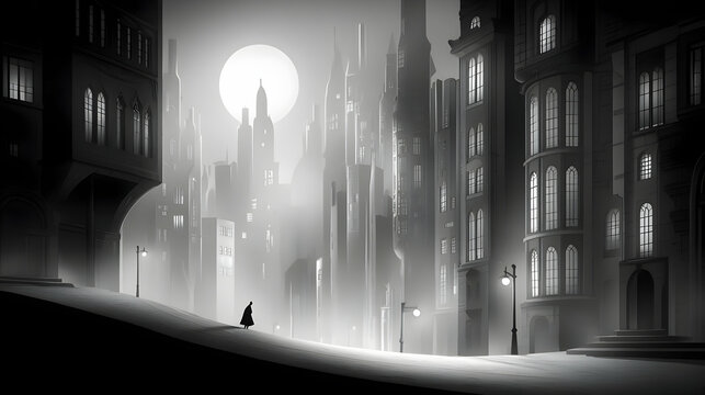 Fototapeta Solitary Figure in a Grayscale City at Night