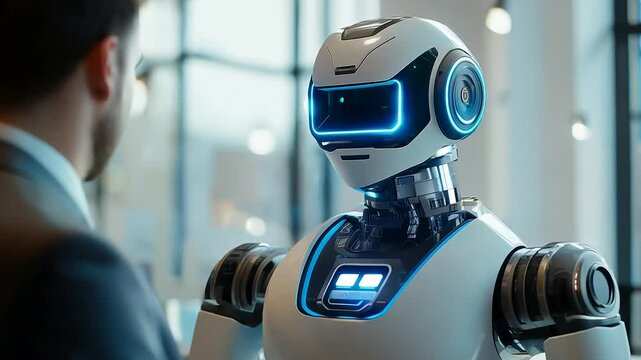 Professional man in suit shaking hands with advanced humanoid robot in modern office, symbolizing AI collaboration and future technology.
