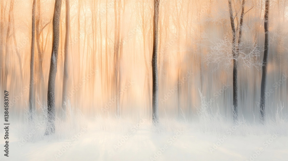 Poster sunlit winter forest path with snow-covered trees and soft light.