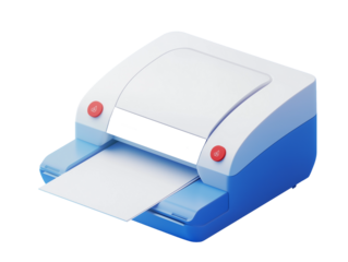  Compact home-office printer, featuring sleek white and blue design with paper partially ejected, ideal for small-scale printing tasks, isolated on transparent background, cut out, close up, PNG file.