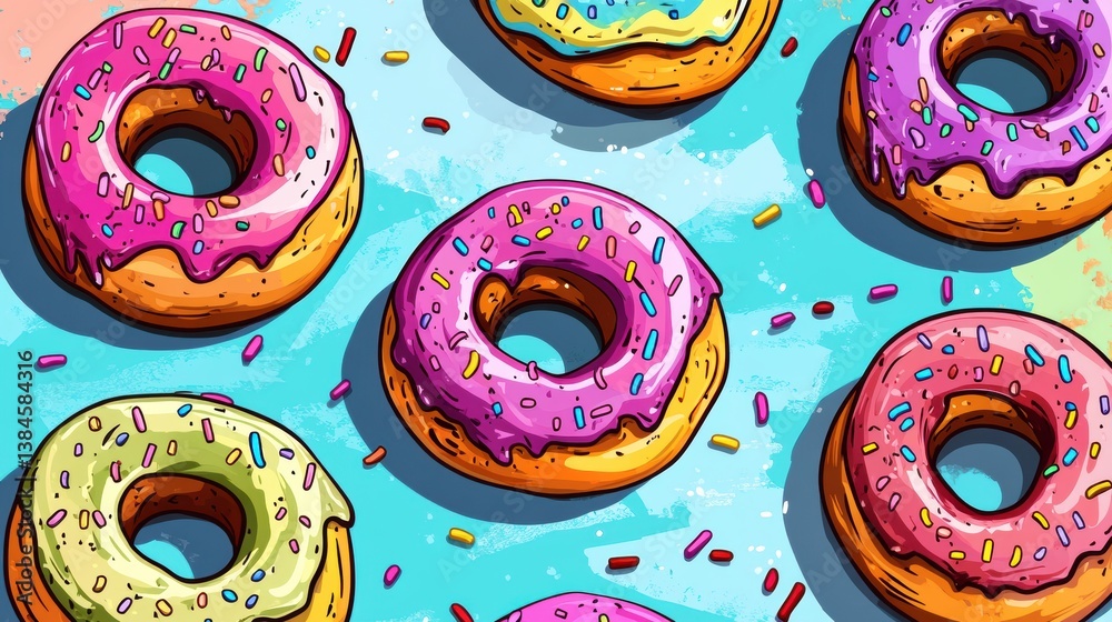 Poster Colorful playful donuts with rainbow frosting and sprinkles create a cheerful pop-art display that brightens any dessert lovers day