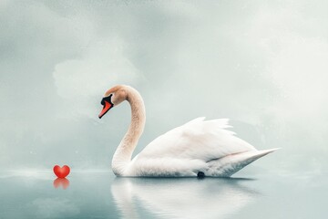 Fototapeta premium Elegant Swan Swimming Alone on Serene Water with Heart Shaped Reflection