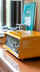 Yellow Vintage Radio on Wooden Table