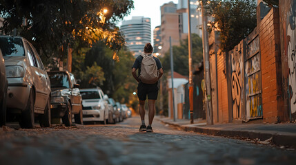 Young Man Skateboarding Down City Street at Dusk
