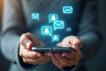 Smartphone with Floating Digital Notification Icons Representing Instant Messaging and Real-Time Communication