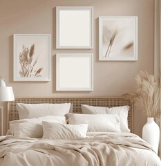 Beige bedroom with framed botanical prints