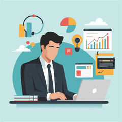 Business vector illustration in flat style, with the condition working on a task in front of a laptop