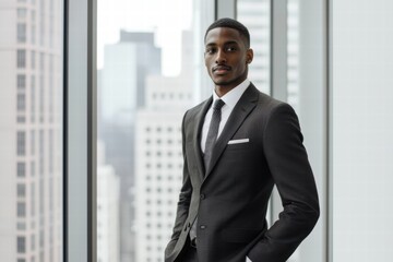 professional man in tailored suit stands confidently by large window, showcasing modern city skyline. His expression reflects determination and success