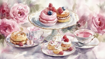 Watercolor illustration of British afternoon tea,tea break in the English style,tea set with Afternoon tea stand with macaroons and scone,cake,cup of tea,Tea time dessert table,vintage style.