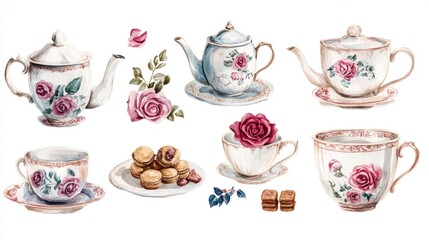 Watercolor illustration of British afternoon tea,tea break in the English style,tea set with Afternoon tea stand with macaroons and scone,cake,cup of tea,Tea time dessert table,vintage style.