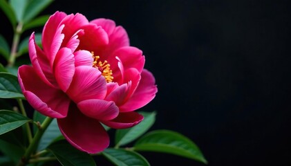 Bold peony blossoms and lush foliage, vibrant jewel tones on black , black background, vibrant