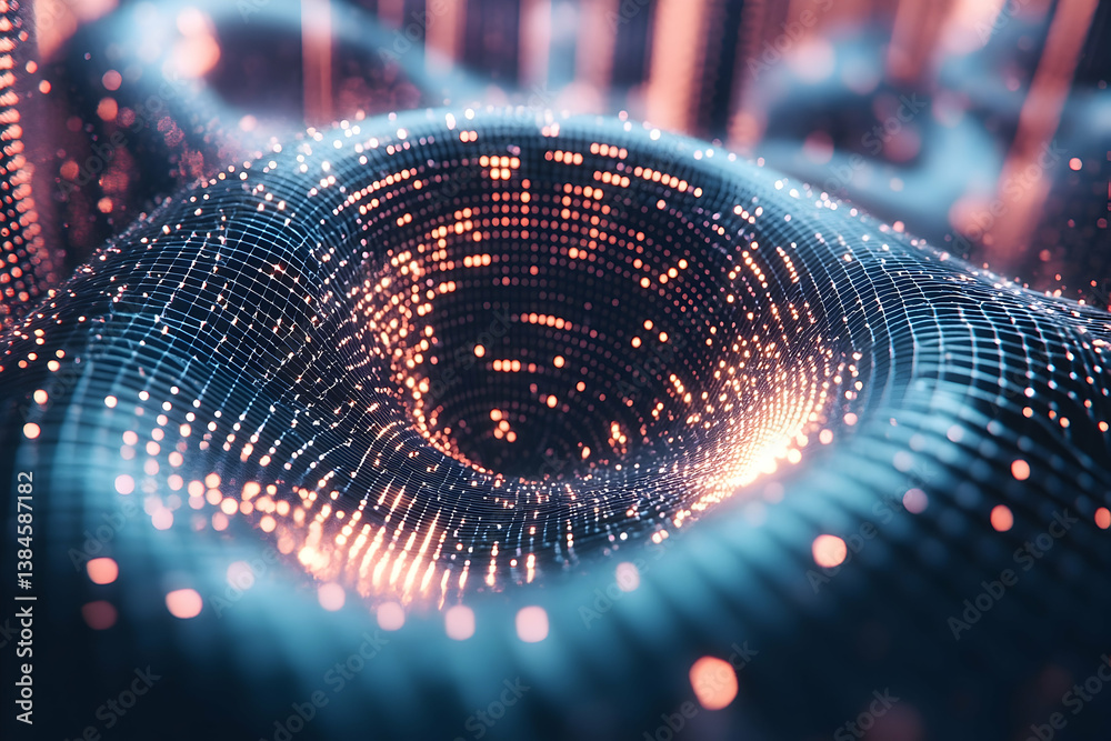 Poster a digitally rendered image depicting data flow patterns and lights