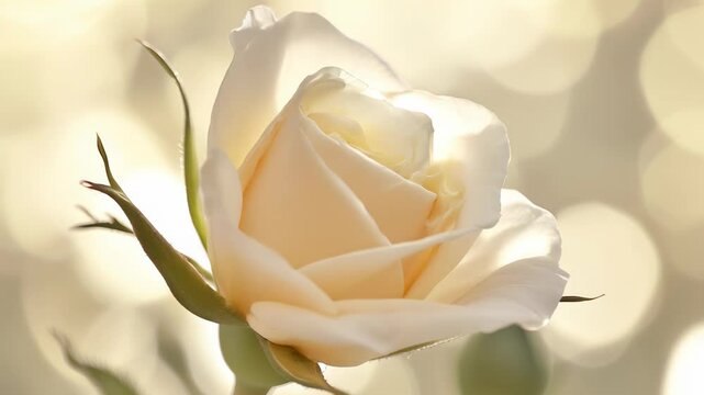 Beautiful white rose bud opening up slowly during a bright sunny day with field landscape background