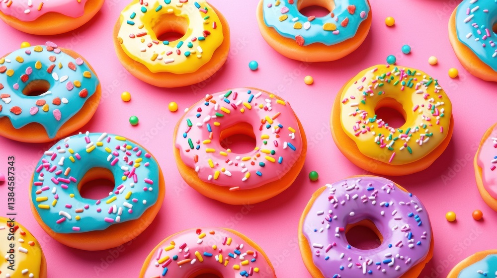 Aufkleber Colorful donuts with rainbow frosting and sprinkles create a playful pop-art display perfect for brightening any dessert table
