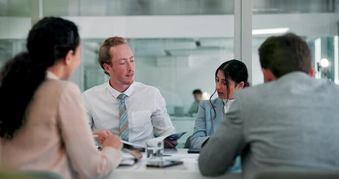 Business people, group and discussion with paperwork in office, brainstorming ideas and accounting proposal. Meeting, collaboration or planning strategy with document for financial audit or budget