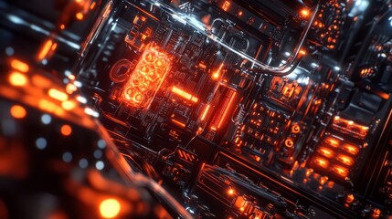 Infernal Circuitry: A Glowing Orange and White Illustration of Intricate Electronic Components and Data Pathways.