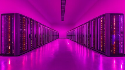 Pink-lit server room with rows of server racks, data center infrastructure