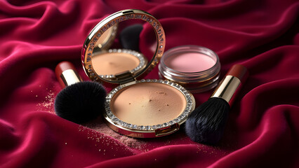 "Velvet flat lay with luxury makeup and diamond dust trails. Mood lighting enhances texture and makes crystals glitter dramatically."