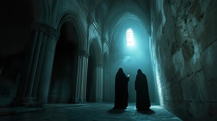 Mysterious Figures in Ancient Monastery Hall